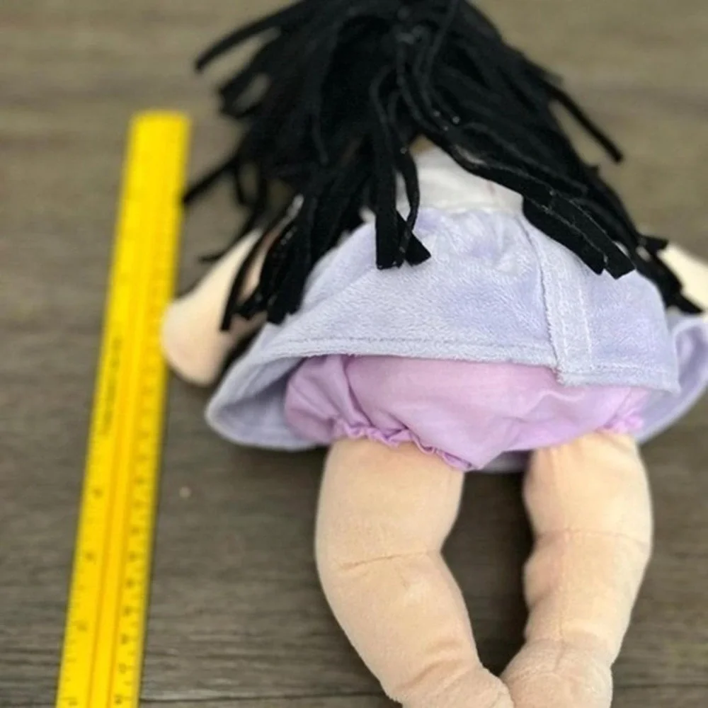 Manhattan Toy Co Baby Stella Doll Soft Plush Black Hair Purple Floral Dress Toy